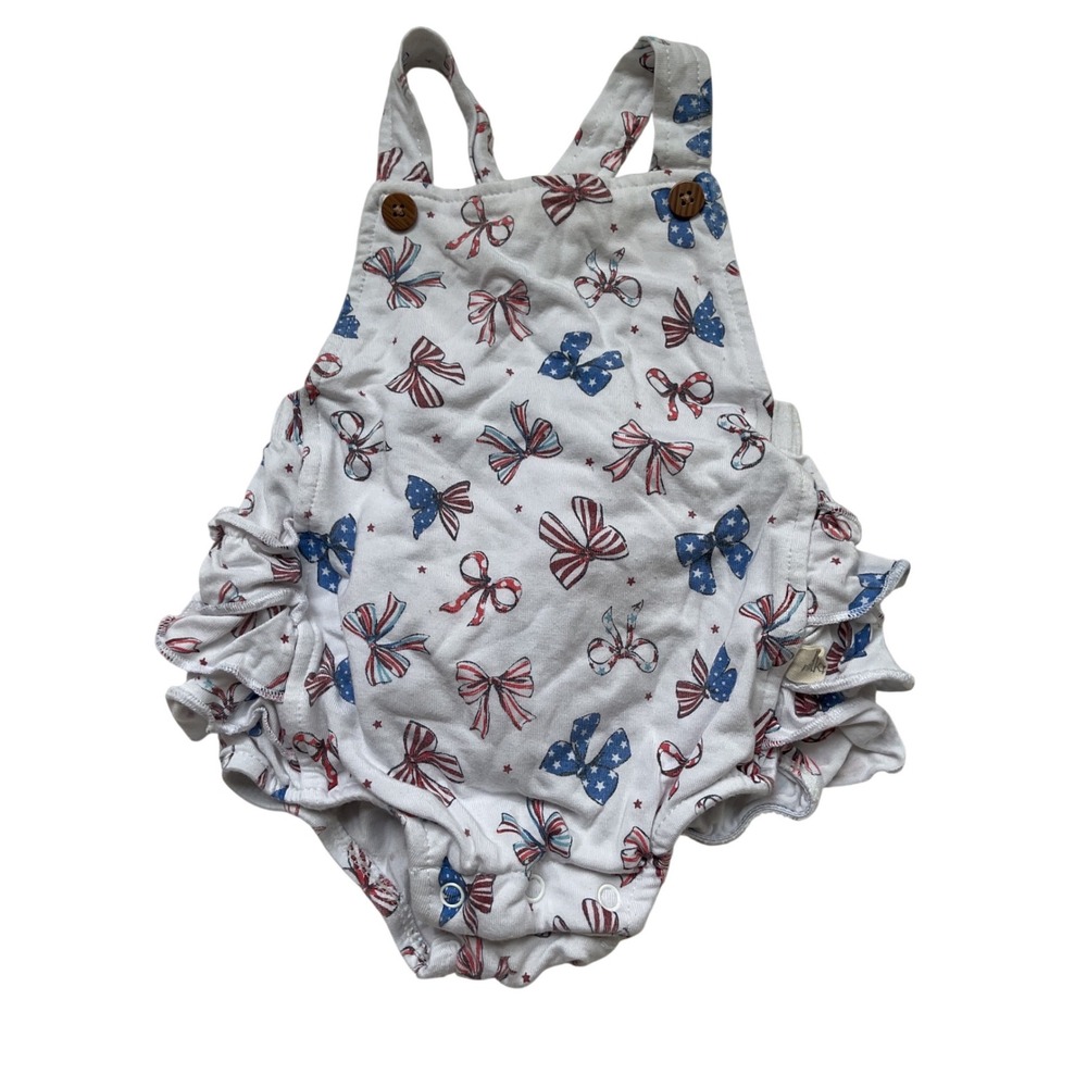 Milkberry Baby Girl Patriotic Bow Ruffle Bamboo Romper Red White Blue 3-6M